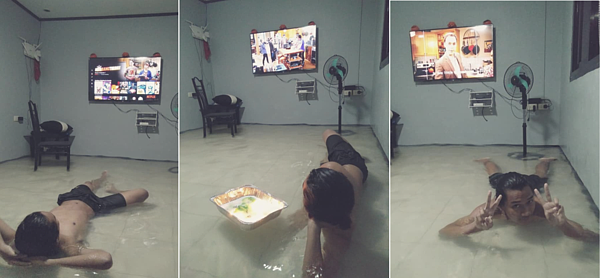 日前一名菲律賓男子,即使家中被水淹到腳踝,他仍苦中作樂將客廳當作「大型游泳池」。圖擷自臉書