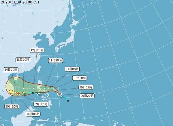 9日兩颱風形成，包括第21號颱風艾陶（左）、第22號颱風梵高（右）。 圖／中央氣象局提供