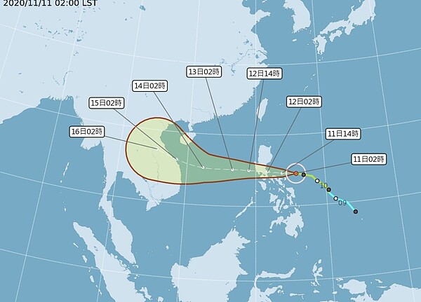 據中央氣象局「路徑潛勢預測圖」顯示,第22號颱風「梵高」,未來經菲律賓中部、向西進入南海,將增強為中度,朝越南推進。圖/氣象局提供