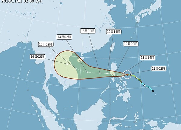 據中央氣象局「路徑潛勢預測圖」顯示，第22號颱風「梵高」，未來經菲律賓中部、向西進入南海，將增強為中度，朝越南推進。圖／氣象局提供