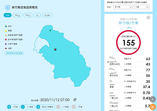 竹東空氣品質很差,是今天上午全台唯一空品是紅色警示的地區。圖/取自環保署的空氣品質監測網