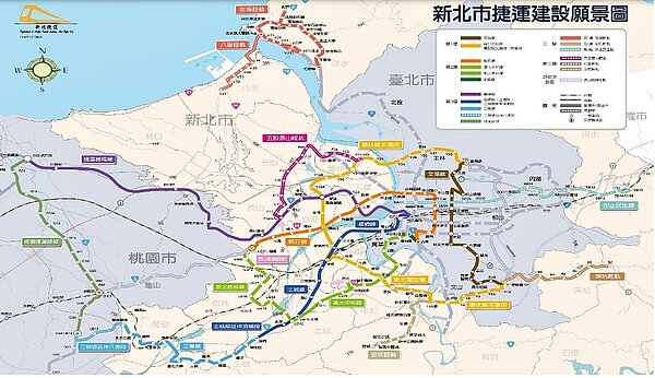 新北市政府的捷運路網願景,目標是在2030年達到新北市境內121座車站、里程139.3公里。圖/新北市捷運局提供