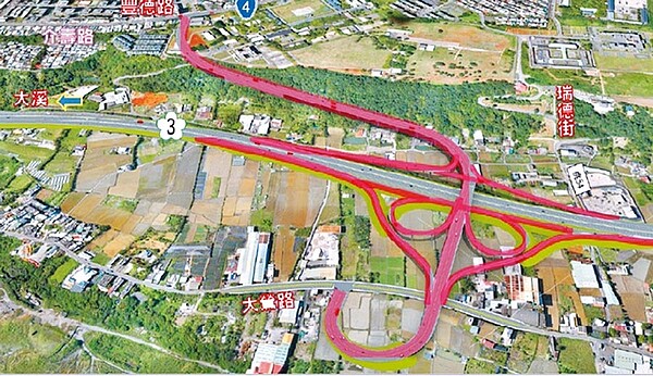 國道3號大鶯豐德交流道計畫規畫設在國道3號56公里附近,並以雙苜蓿葉型為方案,包含用地取得,總經費為54.35億元。(桃園市交通局提供/賴佑維桃園傳真)