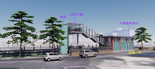 台鐵平鎮臨時站將設在新富一街,經費比照鳳鳴臨時站由中央負責支應,目標後年開工、2026年5月啟用。圖/桃園市政府提供