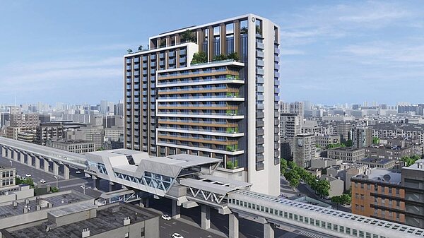 新北環狀線秀朗橋站捷運聯合開發案，將打造地上20層、地下5層的商辦大樓，預計2025年完工。圖為聯開案模擬空拍示意圖。圖／業者提供