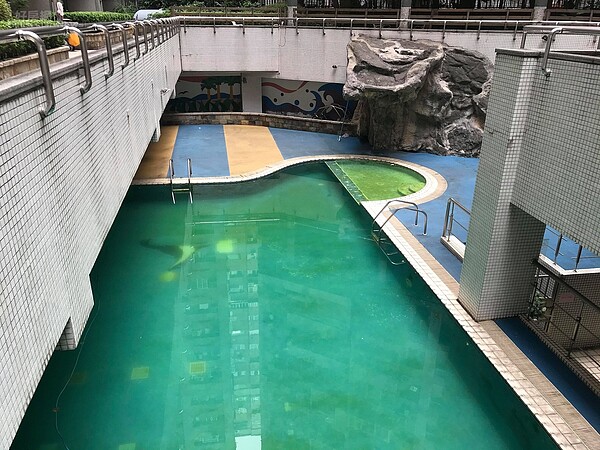 永和一處社區室外泳池水質狀況堪慮,甚至出現青苔,被住戶形容就像是「生態池」。圖/好房網News記者黃暐迪攝