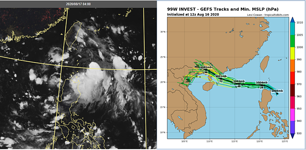 今(17日)晨4時真實色雲圖顯示,低壓雲系在呂宋島東北部近海,持續向西北西移動(左圖)。最新(16日20時)美國(GEFS)系集模式,模擬其進入南海後將逐漸發展,持續向廣東南部一帶前進 (右圖)。右圖擷自tropical tidbits