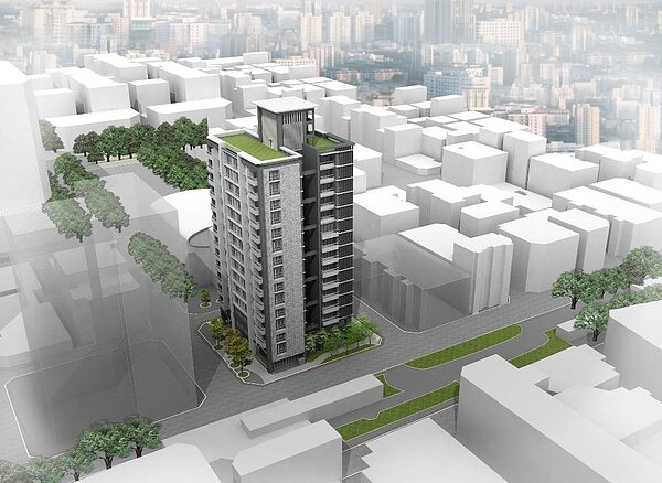 該都更案位於中山北路二段44巷及南京西路23巷交叉路口,將打造成15層樓的住商大樓,預計在三年完工交屋。圖/台北捷運局提供