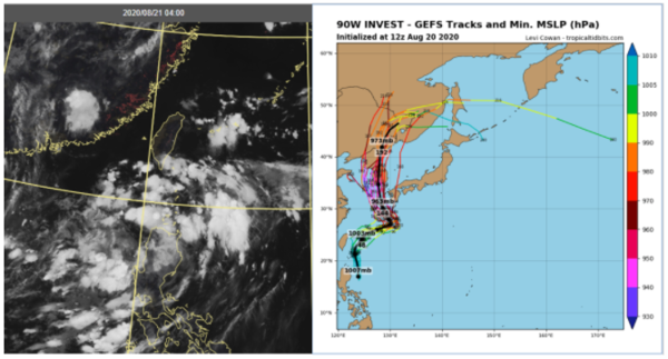 今晨4時真實色雲圖顯示(左圖)，熱帶擾動受到呂宋島的阻檔，發展受限。美國(GEFS)系集模式(右圖)顯示，周六此擾動通過台灣東側，仍受地形阻檔而發展緩慢，遲至周日轉向東北後，發展成颱的機率較高。下周一、周二颱風在琉球西方海面再轉往偏北，遙指韓國。圖／取自「三立準氣象．老大洩天機」