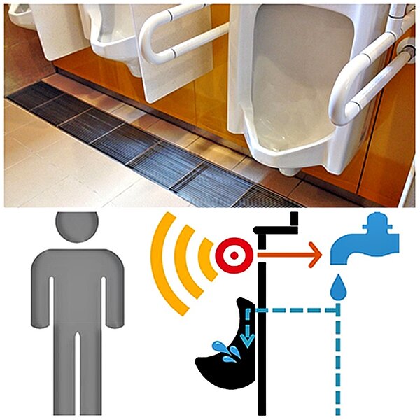 未來照護設施設計上，謝偉士認為要多點主動式的設計。圖為小便斗具備自動沖水功能／謝偉士提供