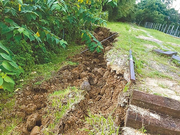 苗栗縣三義鄉龍騰區域擋土邊坡面受豪雨侵襲及沖刷，部分邊坡明顯滑落，苗栗縣政府爭取經費辦理改善工程，提升休憩品質。（苗栗縣政府提供／何冠嫻苗栗傳真）