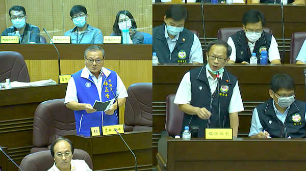 桃市年產垃圾達45萬公噸,但全市僅欣榮焚化廠處理38萬公噸,市議員林正峰(前左)昨質詢環保局長呂理德(前中),要求市府自建焚化廠。記者張裕珍/翻攝