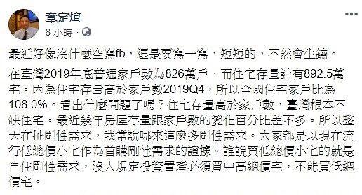 學者章定煊在臉書PO文感嘆房價高漲。圖／截自章定煊臉書粉絲專頁