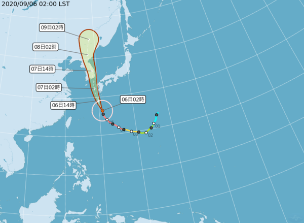 海神颱風向北北西轉偏北，加速前進，預估6日上午登陸韓國、暴風圈橫掃朝鮮半島。圖／取自氣象局網站

