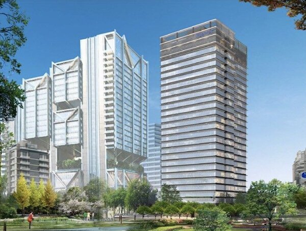 模擬圖，南港區都更案重建後將規畫一棟27樓高的廠辦大樓。 圖／北市更新處提供