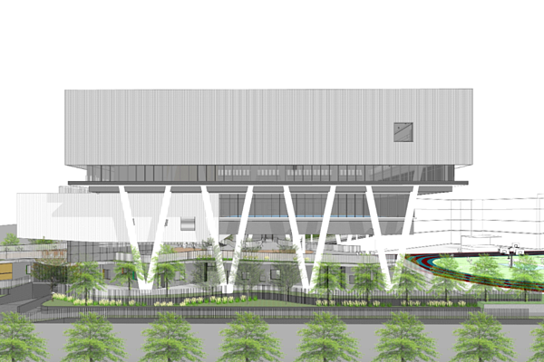 台北市新工處維護工程科長王志良表示，力行國小活動中心新建工程，造型宛如「懸浮的盒子」，完工後將成景美溪畔新地標。圖／台北市工務局提供