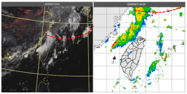 11日清晨4時真實色雲圖（左圖）及雷達回波圖（右圖）顯示，鋒面（紅虛線）在北部海面，鋒面前部分對流雲系在海峽北部，雖向台灣陸地靠近，但也逐漸消散中。圖／取自「三立準氣象．老大洩天機」