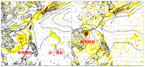 最新歐洲(左圖)模式及美國(右圖)模式，模擬下周五20時天氣圖顯示，南海有熱帶擾動發展，模擬的動向皆對台無直接影響。另外，在菲律賓東方海面，兩模式亦皆模擬出7天之後，另有熱帶擾動醞釀的跡象，亦需一併觀察。圖／取自「三立準氣象．老大洩天機」
