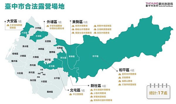 台中市轄內共有17處合法露營場。圖/台中市政府觀光旅遊局提供