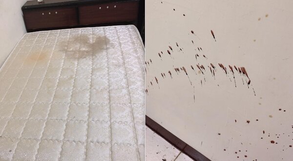 客房牆面及樓梯間被房客噴上放射性血跡，就連床上也有血。圖／翻攝自臉書社團《爆怨公社》