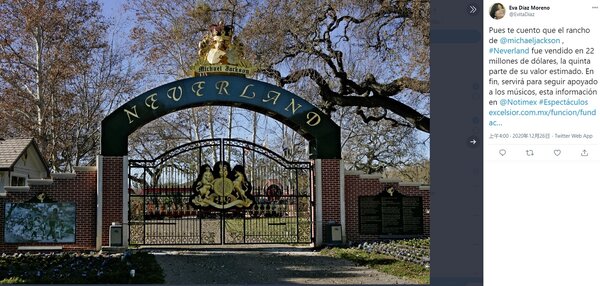 已故流行巨星麥可傑克森（Michael Jackson）去世10多年後，他的「夢幻莊園」（Neverland）近日終於售出。圖／取自推特