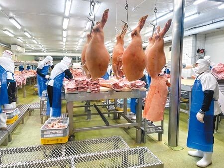 新北市長侯友宜(右)昨到國產生鮮豬肉加工廠視察,監督CAS認證國產豬品質。圖/蔡雯如攝