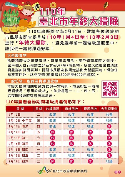 年終掃除收運垃圾時間表。圖/台北市政府提供