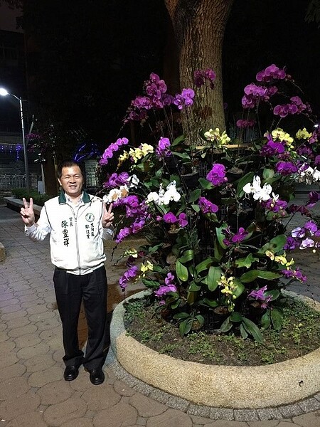 陳豐祥在迪化公園種植各種顏色的蘭花，相當絢麗美艷。/里長陳豐祥提供