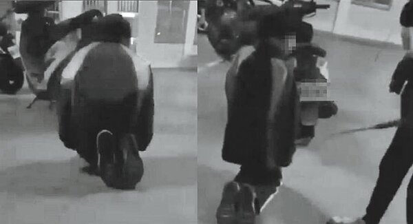 台中一名國中生被同為表兄弟的2名同學威嚇跪地，並遭甩棍狠抽，集體霸凌過程長達2分28秒。（摘自臉書社團《爆廢公社公開版》）