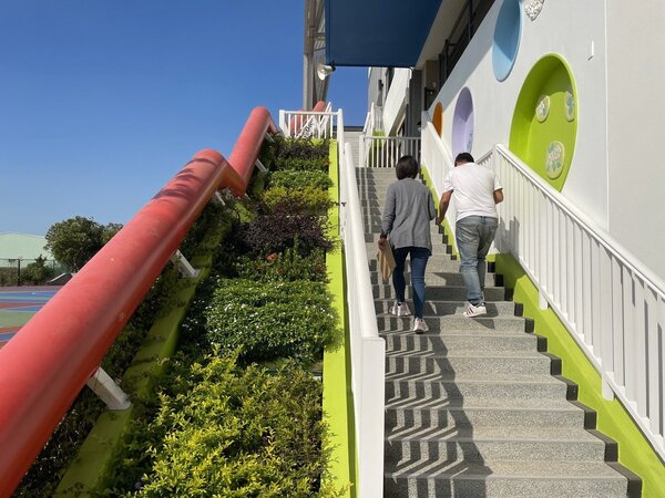 台中市東海國小在走道樓梯旁綠美化，形成空氣清淨綠牆，研究證明可減汙、降溫。圖／台中市環保局提供
