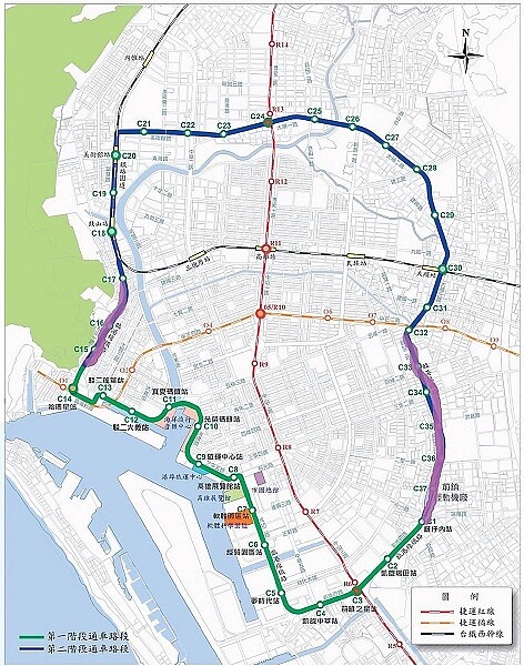 高雄輕軌大南環段今通車，新增的9站分別為右側C32凱旋公園站、C33衛生局站、C34五權國小站、C35凱旋武昌站、C36凱旋二聖站、C37輕軌機廠站，以及左側C15壽山公園站、C16文武聖殿站、C17鼓山公所站。 圖／高雄市捷運局提供