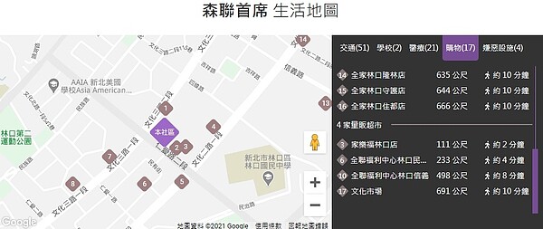 「森聯首席」社區周遭生活機能。圖/翻攝《實價登錄比價王》