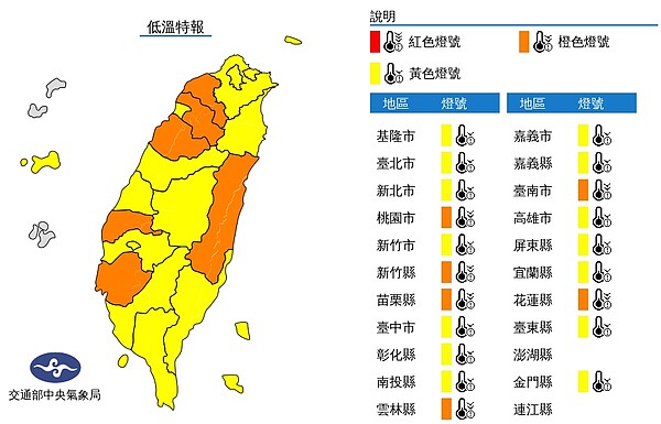 中央氣象局今天持續發布低溫特報，今晨輻射冷卻影響，各地天氣非常寒冷，易有10度以下氣溫發生。圖／取自氣象局網站
