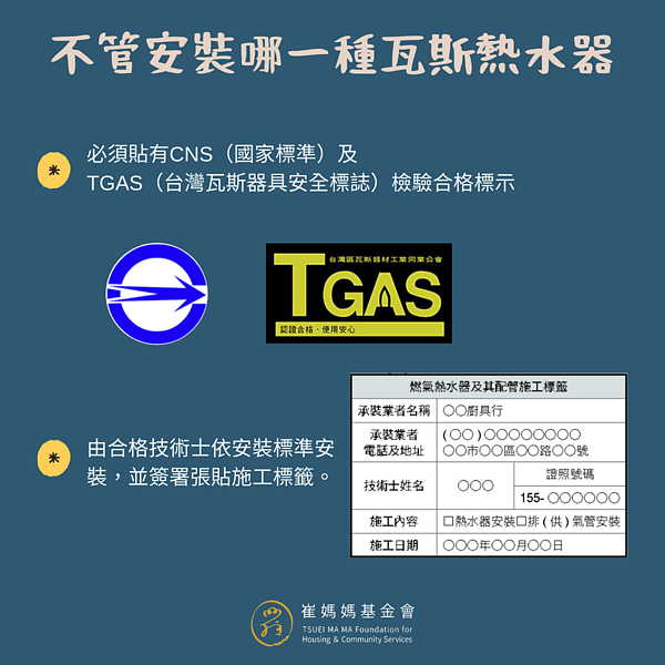 不管安裝哪一種瓦斯熱水器，必須貼有CNS及TGAS檢驗合格標示。圖／取自崔媽媽基金會