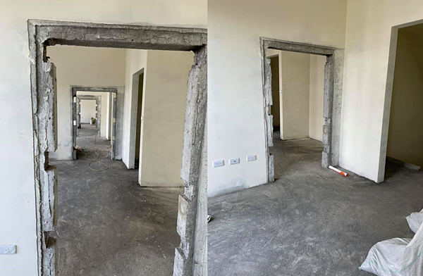連棟透天厝施工時,牆面事先留洞口,方便建材進出。圖/取自臉書社團《買房知識家(Q你的A)》