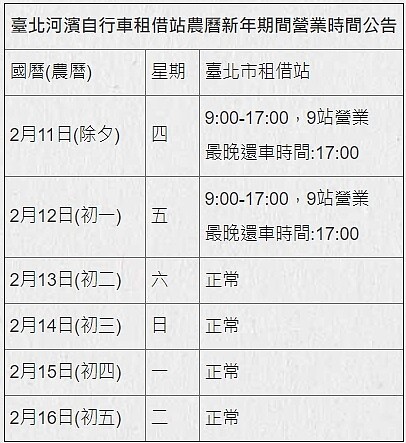 北市河濱自行車租借站,春節營業時間更動