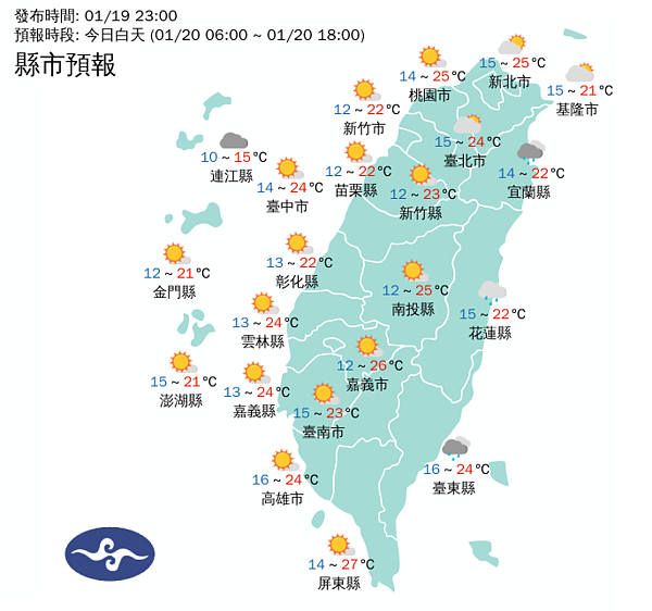 20日白天各地天氣。圖/取自氣象局網站