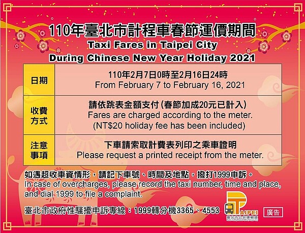 2/7~2/16北市計程車實施春節加成,一律照表收費。圖/台北市公共運輸處提供