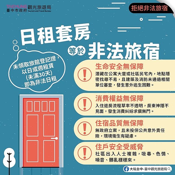 台中市政府針對日租套房等非法旅宿加強查緝取締。圖／台中市觀旅局提供