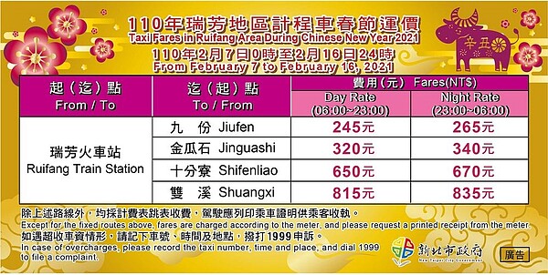 110年計程車春節瑞芳地區貼紙。圖/新北市府提供