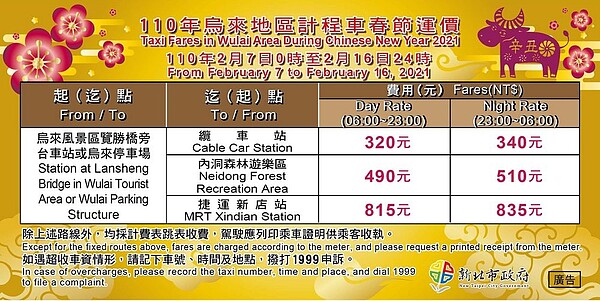 110年計程車春節烏來地區貼紙。圖/新北市府提供