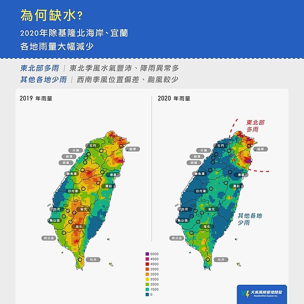 2020年的降雨和2019年比較起來，有普遍減少、更為集中的趨勢。圖／取自臉書粉專「氣象達人彭啟明」
