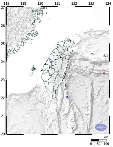 今天下午15時25分在花蓮東南方發生芮氏規模5.7地震，中央氣象局表示，地震發生位置在北緯23.37度，東經123.71度，即在花蓮縣政府東偏南方 223.9 公里處 ，位於台灣東部海域，地震深度60.3公里。圖／氣象局提供