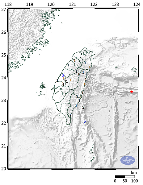 今天下午15時25分在花蓮東南方發生芮氏規模5.7地震，中央氣象局表示，地震發生位置在北緯23.37度，東經123.71度，即在花蓮縣政府東偏南方 223.9 公里處 ，位於台灣東部海域，地震深度60.3公里。圖／氣象局提供