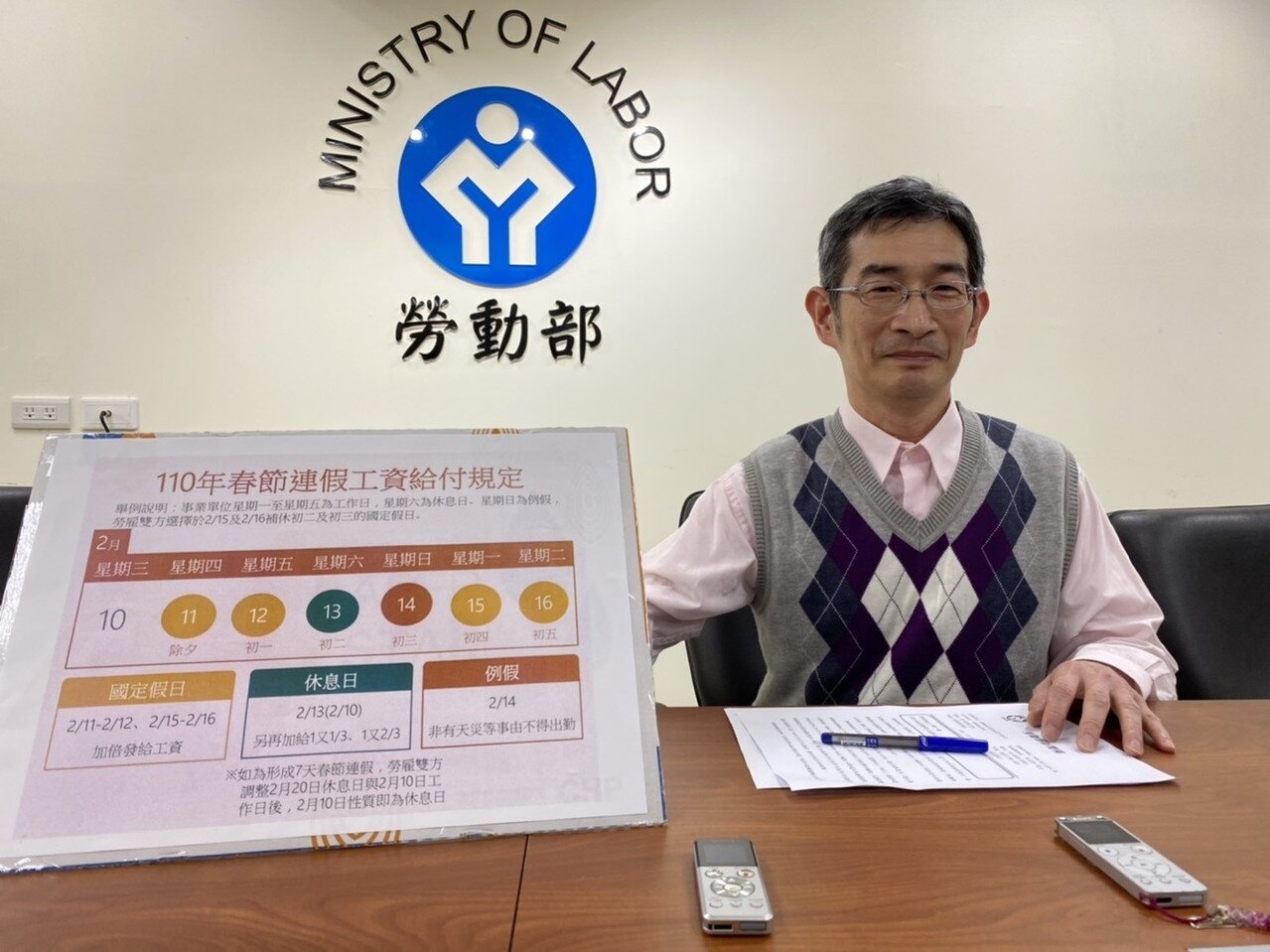 農曆春節將至,勞動部勞動條件及就業平等司長黃維琛今說明除夕、農曆初一至初三共4天為國定假日,若勞工在春節連假期間出勤,依照國定假日、休息日性質不同,可領到不同計算方式的工資。記者葉冠妤/攝影