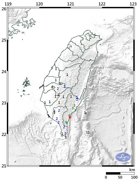 台東縣近海在28日下午3點29分發生規模5的地震。圖/取自中央氣象局