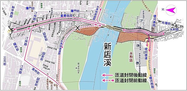新建中正橋施工處、封閉路線與通行路線圖。圖/北市新工處提供