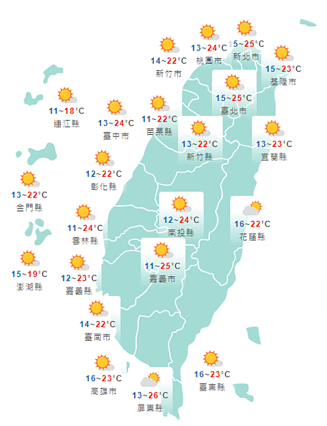 今天各地天氣。圖/取自氣象局網站