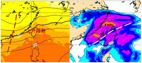 左圖為歐洲中期預報中心模式模擬11日除夕8時500百帕高空圖顯示，高空槽（紅虛線）提供台灣附近的上升運動。同時的地面模擬圖（右圖）顯示，鋒面（白虛線）在台灣附近醞釀，伴隨明顯降雨。圖／取自「三立準氣象．老大洩天機」