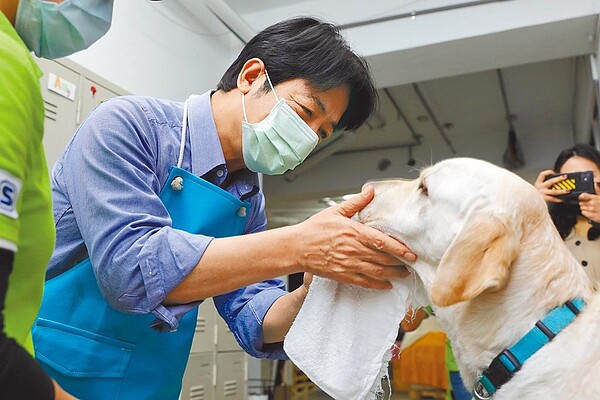 副總統賴清德幫導盲犬清潔、梳毛及餵食，呼籲在公共場所遇見導盲犬時，請遵守不餵食、不干擾、不拒絕、主動詢問的「三不一問」原則。（總統府提供）